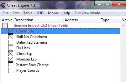  Genshin Impact Cheat Table GodMode v2.3